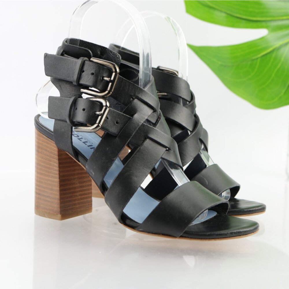 Pollini Womens Sandal Size 36.5 6.5 Black Leather Strappy Block Heel Dress Shoes